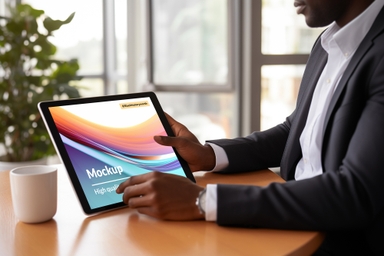 African Businessman Holding iPad Mockup in Hand While Sitting on Desk