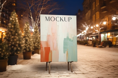 Big Canvas Mockup on Wooden Easel in Snowy City Street