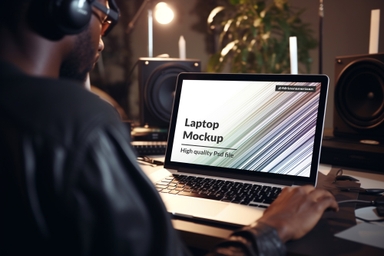 African DJ Working on Laptop Mockup