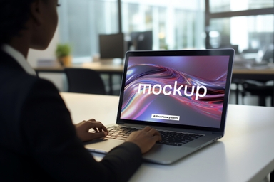 Woman Sitting on Table Showing Laptop Screen Mockup