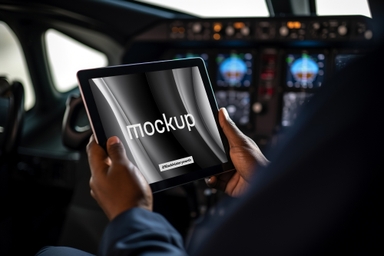 Pilot with iPad Mockup in Aircraft