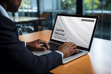 Laptop Display Mockup Featuring Black Man on Wooden Desk