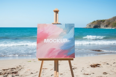 Easel Stand on Beach with Canvas Mockup