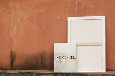 Canvas Mockup Leaning Against Wooden Door
