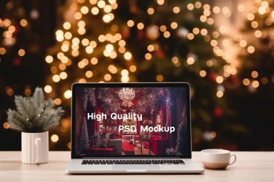 Laptop Screen Mockup on Wooden Table Christmas Theme