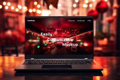 Notebook Display Mockup on Polished Table