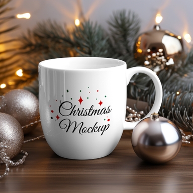 Coffee Cup Mockup on Table with Christmas Decorations