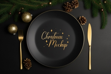 Ceramic Plate with Gold Utensils and Festive Ornaments