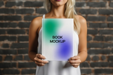 Hardcover Book Mockup Held Vertically by Woman from America