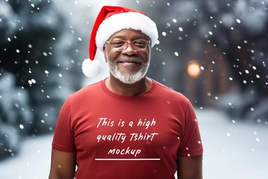Snowy Scene American Old Man T-Shirt Mockup with Santa Hat