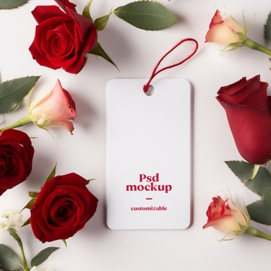 Tag Mockup Surrounded by Red Rose Close-up View