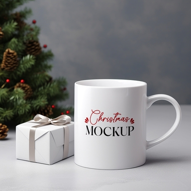 Coffee Mug Mockup with Gift Box on Table for Christmas