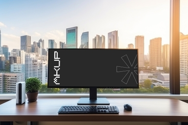 Computer Screen Mockup on Wooden Desk with City View