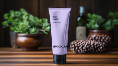 Cosmetic Tube Placed on Wooden Table with Potted Plant