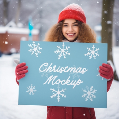 Indian Girl Shows Christmas Paper Mockup in Snow