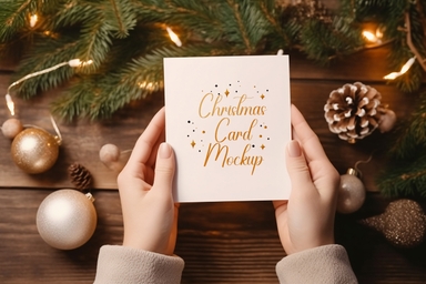 Greeting Card Mockup for Christmas Holding Upon Table