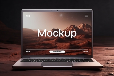 Silver Laptop Display Mockup on Big Stone Front View