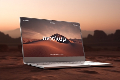 Laptop screen Mockup on Sand with a Sunset Background