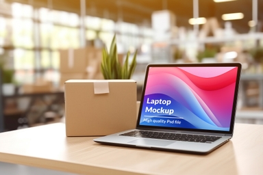 Silver Laptop Screen Mockup on Wooden Table