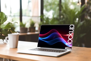 Laptop Screen Mockup on Wooden Desk in Indoor Garden