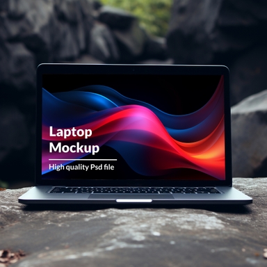 MacBook Display Mockup on Rock in Forest