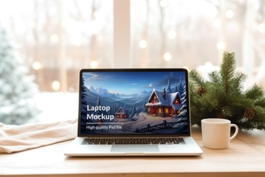 MacBook Mockup on Wooden Table with Coffee Mug