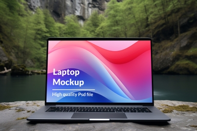 MacBook Mockup on Riverbank Rock Forest Scene
