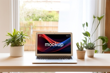MacBook Mockup on Wooden Table with Potted Plants