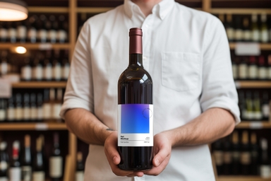 Man Holding Wine Bottle Mockup in Liqueur Shop