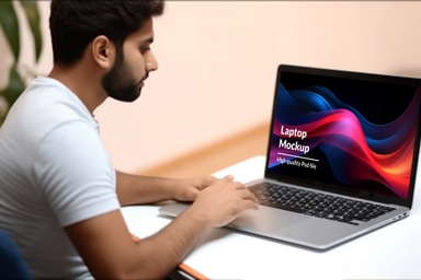 Young Man Working on Apple MacBook Pro Laptop Mockup