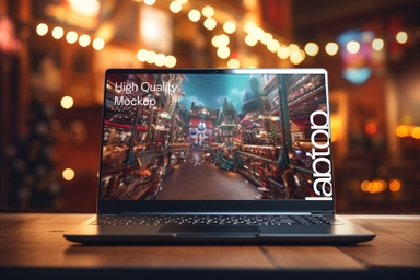 MacBook Mockup on Wooden Table Against Festive Background