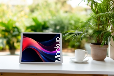 Tablet Screen Mockup Alongside a Plant and a Cup