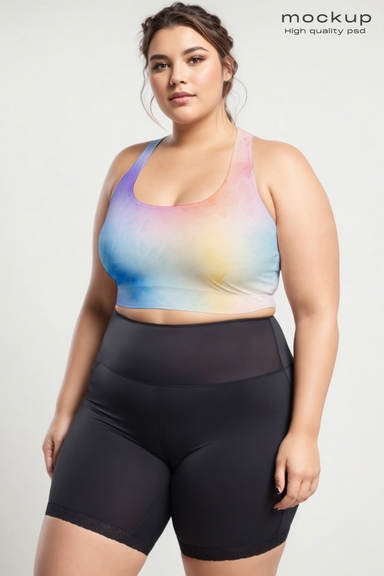 Plus Sized Caucasian Woman Sports Bra Mockup