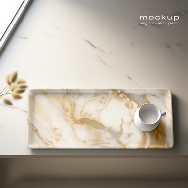 Rectangular Tray Mockup on Marble Shelf with Tea Cup