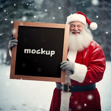 Santa Holding Wooden Frame Mockup Standing on Snow
