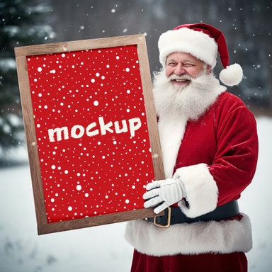 Santa Holding Vertical Frame Mockup Under Snowfall