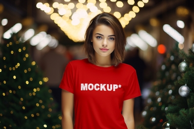 Short Hair Girl Wearing Christmas T-shirt Mockup