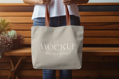 Girl Holding Tote Bag Mockup on Wooden Background