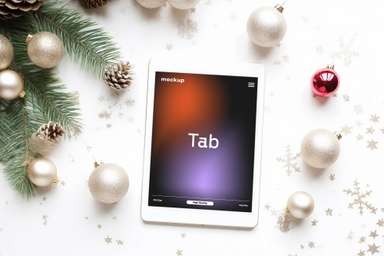 White Tab Display Mockup Surrounded by Christmas Decoration