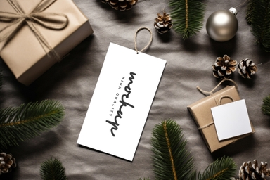 Tag Mockup Surrounded by Christmas Present and Pine Needles