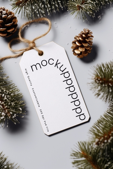 Gift Tag Mockup Surrounded by Christmas Pine Needles