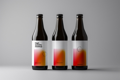 Brown Beer Bottle Mockup Trio with Customizable Labels