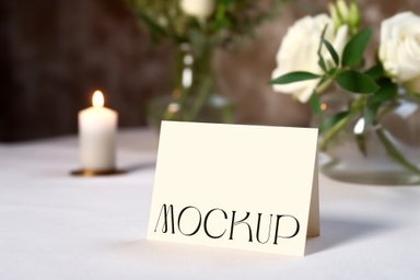 Business Card Mockup on Wood with Blurred Floral Background