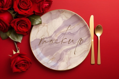 Dinner Plate Mockup with Roses and Cutlery