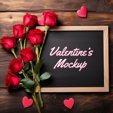 Chalkboard Mockup on Wooden Table with Some Roses