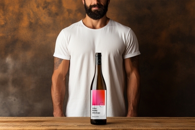 Muscleman Standing Next to Wine Bottle Mockup