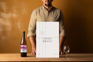 Man Displaying Wine Bottle Glass and Vertical Paper Mockup