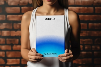 Woman Holding Book Cover Mockup Against Textured Brick Wall