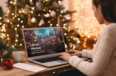Woman Presents MacBook Screen Mockup on Christmas Theme