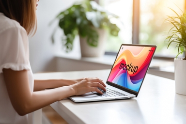 Woman Shows Laptop Display Mockup on White Desk